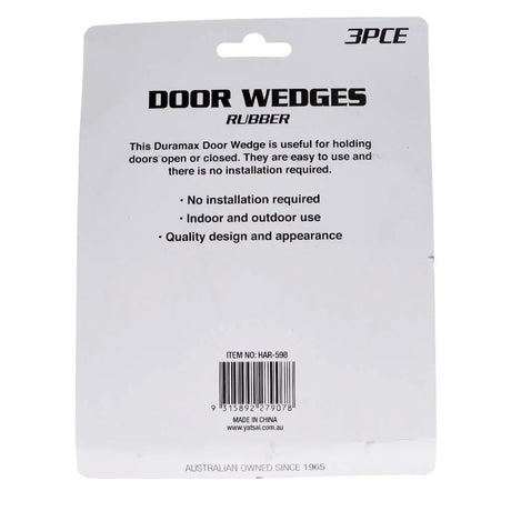 Packaging of 3PCE door wedges with product description and branding on a white background