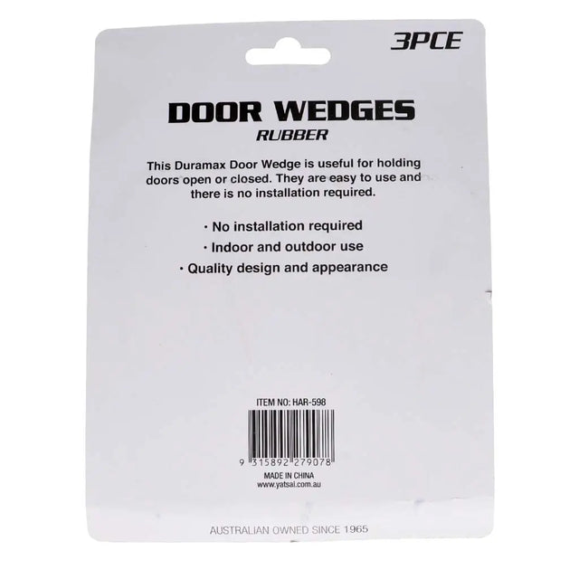 Packaging of 3PCE door wedges with product description and branding on a white background