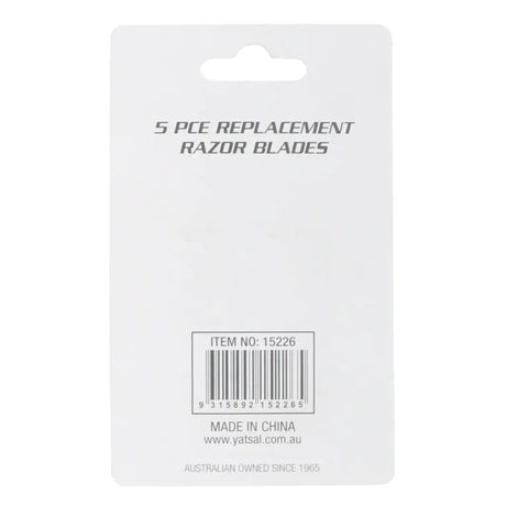 Packaging of 5-piece replacement razor blades with a barcode and text on a white background