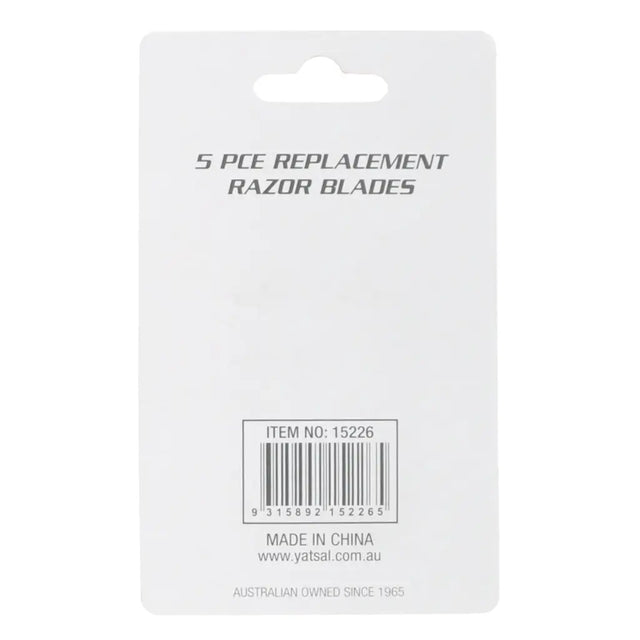 Packaging of 5-piece replacement razor blades with a barcode and text on a white background