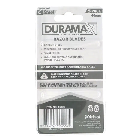Pack of Duramax razor blades with branding and product details on a white background
