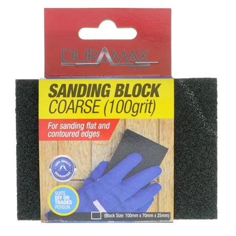 Sanding block with packaging featuring Duramax branding on a white background
