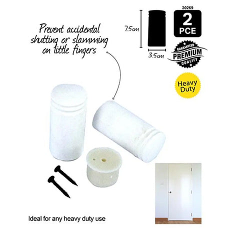 White door stopper with screws and packaging details on a white background