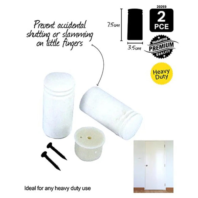 White door stopper with screws and packaging details on a white background