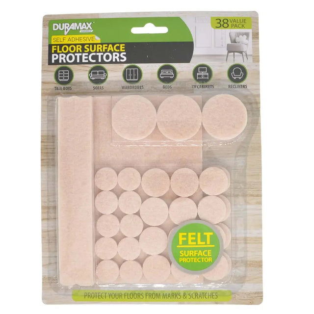 Pack of Duramax floor surface protectors with felt surface protector feature on packaging.