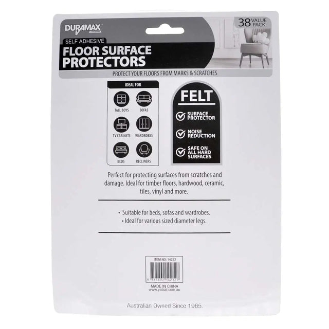 Packaging of Duramax self-adhesive floor surface protectors with text and icons on a white background.