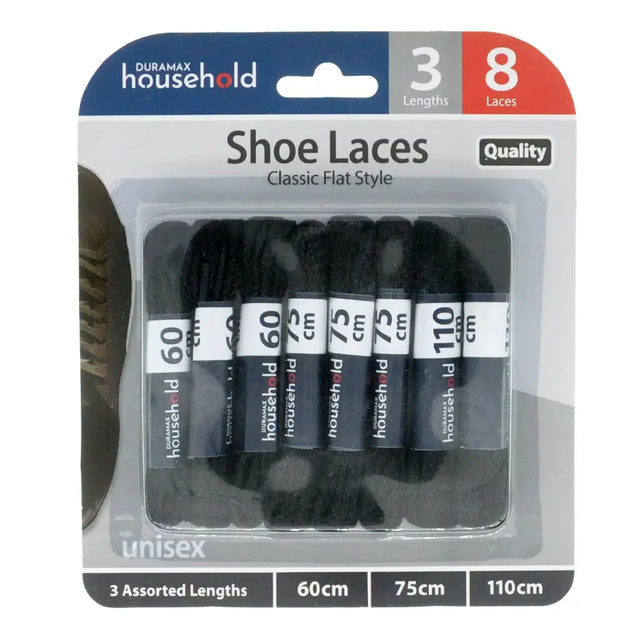 Packaging of Duramax Household shoe laces with assorted lengths on a white background