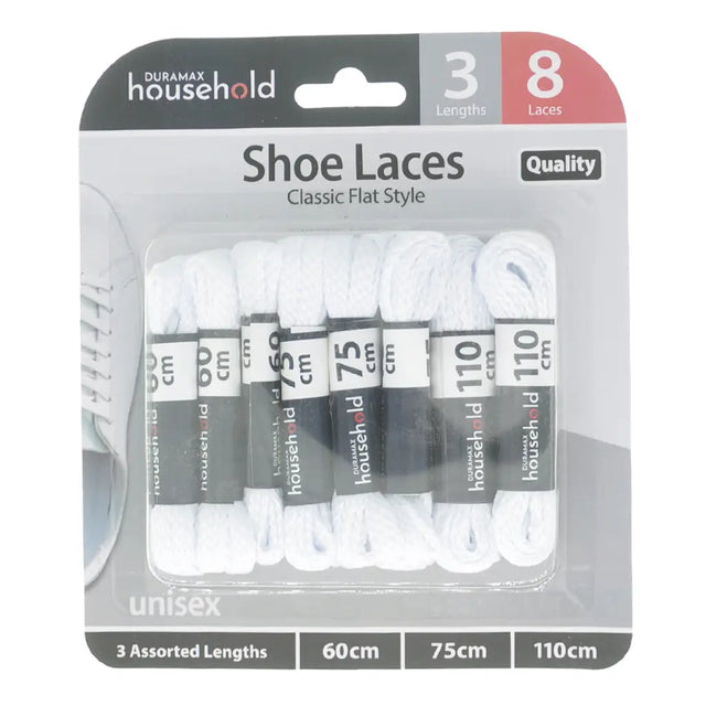 Packaging of Duramax Household shoe laces with various lengths on a white background