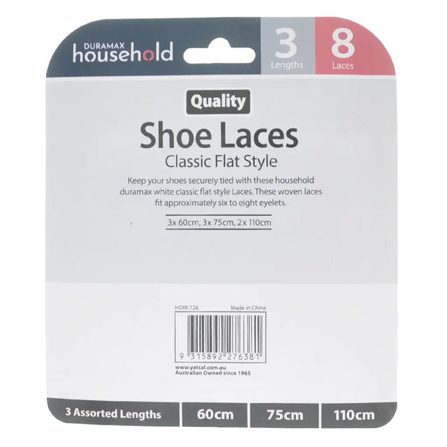 Packaging of Duramax Household shoe laces with assorted lengths on a white background