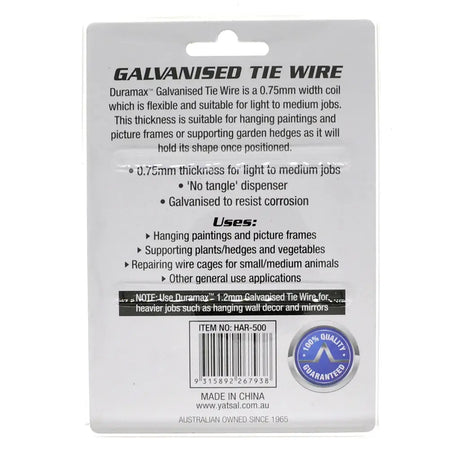 Back of a packaging for Duramax Galvanized Tie Wire with product details and branding.