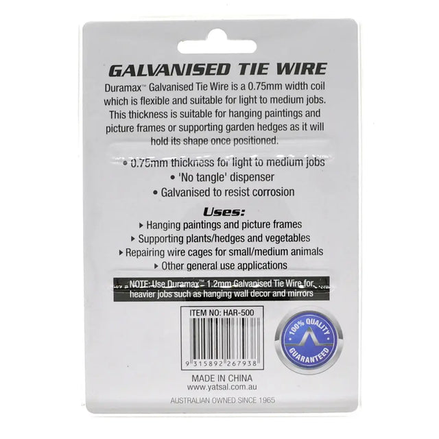 Back of a packaging for Duramax Galvanized Tie Wire with product details and branding.