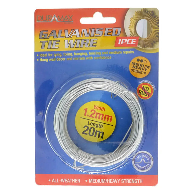 Packaged galvanized tie wire with Dubawax branding on a white background