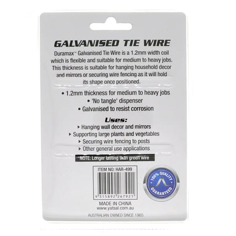 Back of a Galvanized Tie Wire packaging with product details and branding.