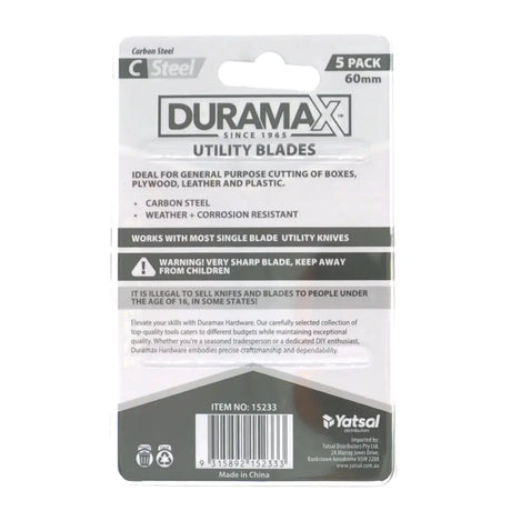 Duramax utility blades packaging with branding and product details on a white background
