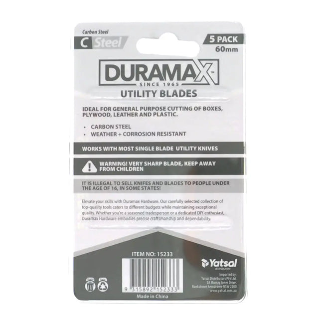Duramax utility blades packaging with branding and product details on a white background