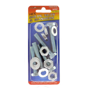 Pack of hex bolts, nuts, and washers on a white background