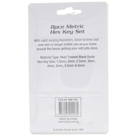 8-piece metric hex key set packaging with product details on a white background