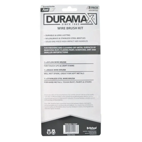 Duramax wire brush kit packaging with product details on a white background