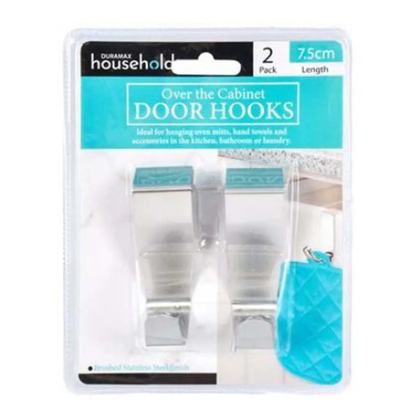 Pack of over-the-cabinet door hooks with Duramax Household branding on a white background