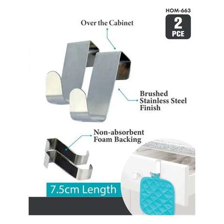 Stainless steel cabinet hook with non-absorbent foam backing on a white background