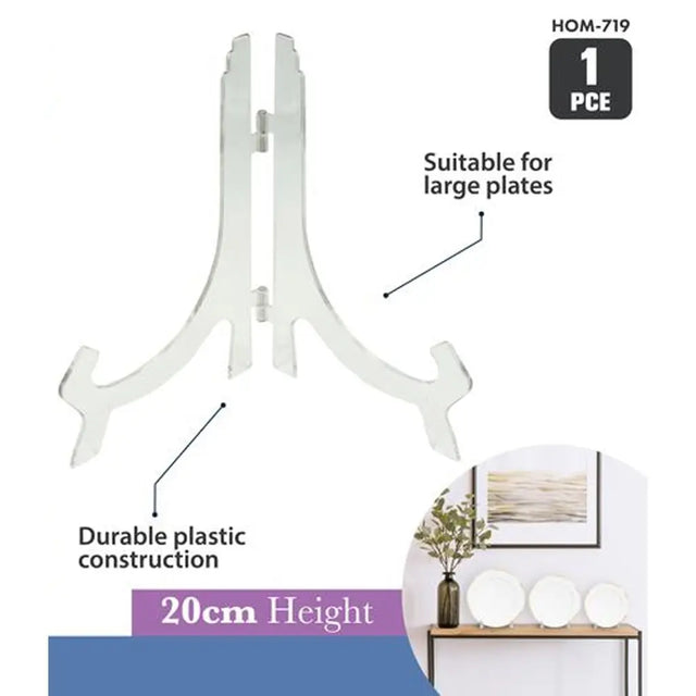 White stand with text indicating suitability for large plates, durable plastic construction, and height of 20cm.