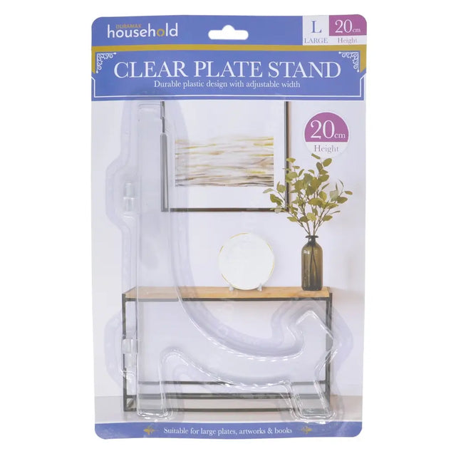 Clear plate stand packaging with a white plate on a table in a room setting.