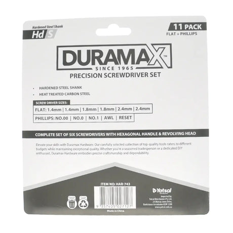 Duramax precision screwdriver set packaging with product details on a white background