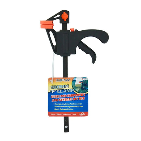 Black T-clamp with orange accents on a white background