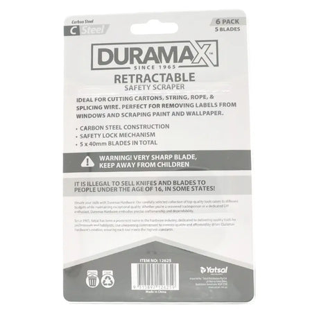 Duramax retractable safety scraper packaging with product details on a white background