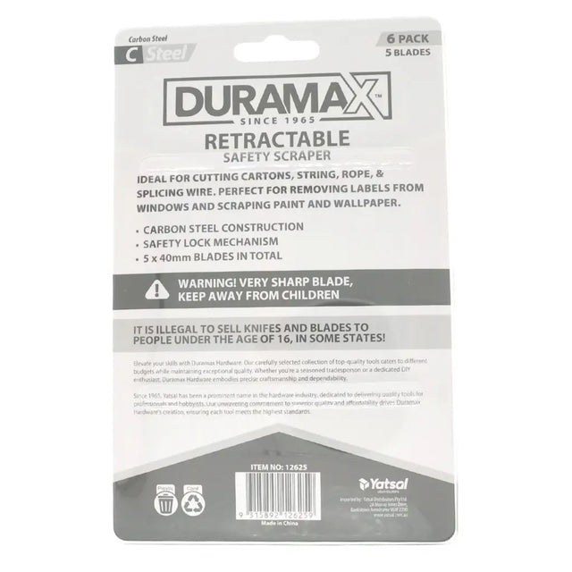 Duramax retractable safety scraper packaging with product details on a white background