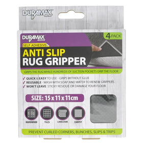 Packaging of Duramax anti-slip rug gripper with product details on a white background