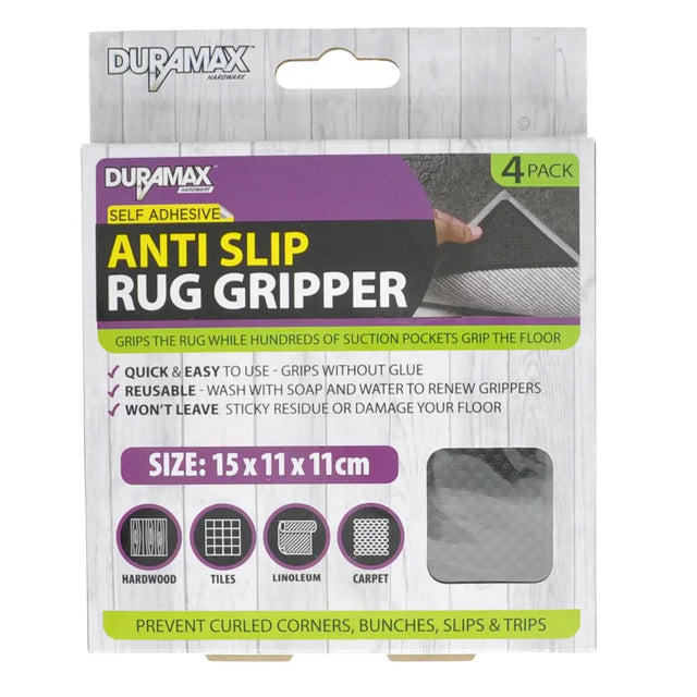 Packaging of Duramax anti-slip rug gripper with product details on a white background