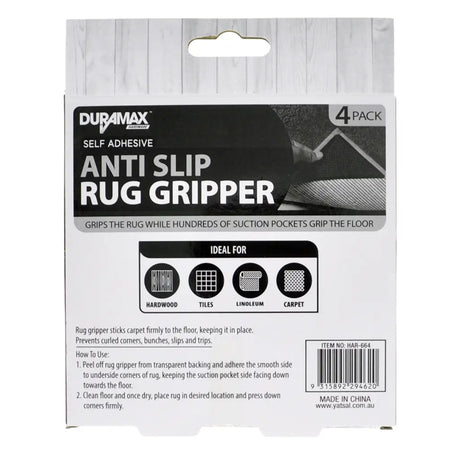 Packaging of Duramax anti-slip rug gripper with product details on a white background
