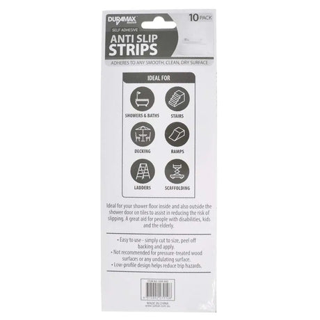 Packaging of Duramax Anti Slip Strips with icons and text on a white background