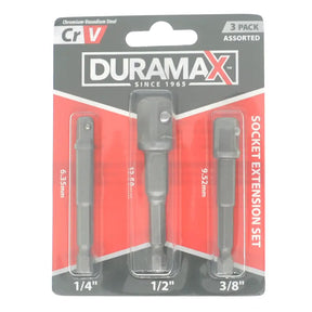 DURAMAX 3-pack of socket extension bits in 1/4", 1/2", and 3/8" sizes, packaged in a red, black, and silver blister card.