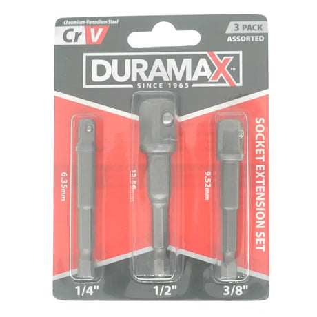DURAMAX 3-pack of socket extension bits in 1/4", 1/2", and 3/8" sizes, packaged in a red, black, and silver blister card.