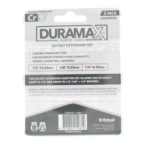 DURAMAX Socket Extension Set 3-pack by Yatsal, packaged in a clear plastic hanging card with printed specifications and barcodes.