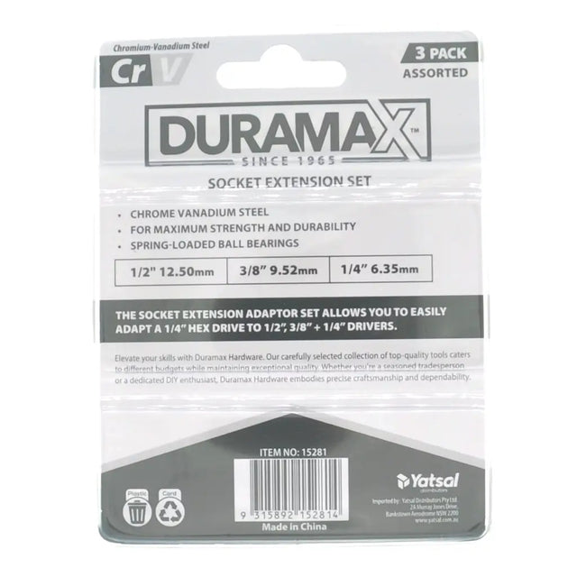 DURAMAX Socket Extension Set 3-pack by Yatsal, packaged in a clear plastic hanging card with printed specifications and barcodes.