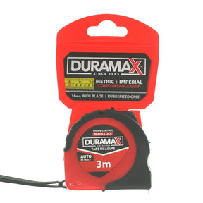 Duramax tape measure with red packaging on a white background