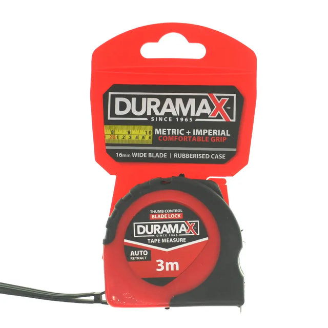 Duramax tape measure with red packaging on a white background