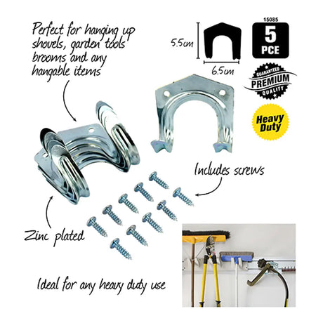 Metal hooks with screws, ideal for hanging tools, on a white background with text describing their use and features.