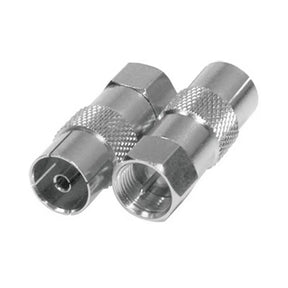 Two metallic coaxial connectors on a white background