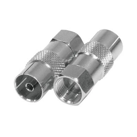 Two metallic coaxial connectors on a white background