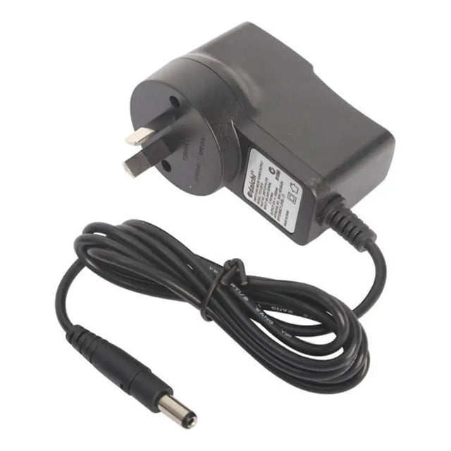 Black power adapter with plug and cable on a white background