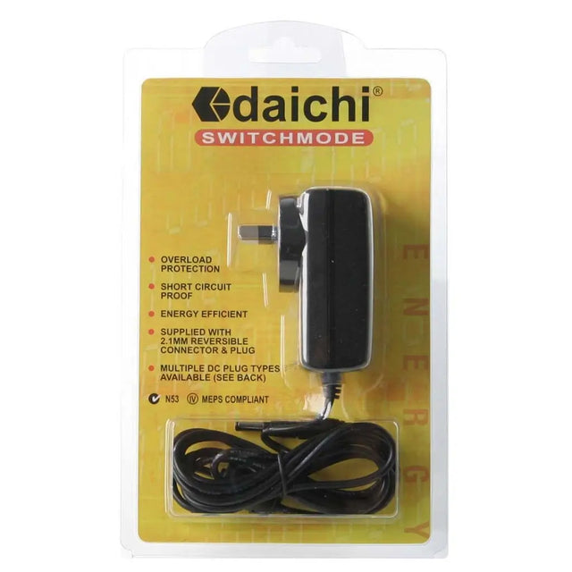 Daichi switchmode power adapter in packaging on a white background