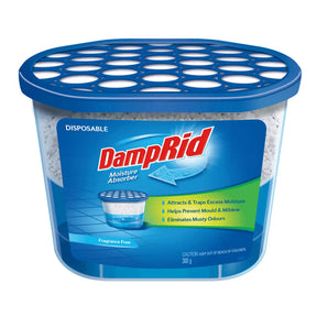 DampRid moisture absorber container with blue lid and label on a white background