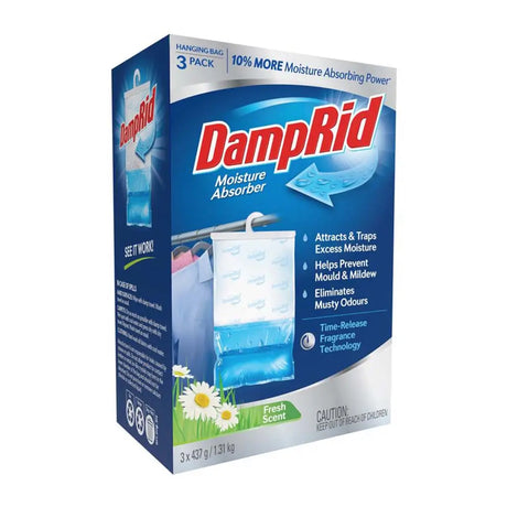 Box of DampRid moisture absorber on a white background