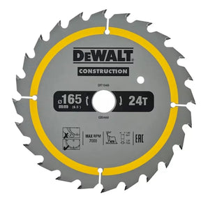 DeWalt Construction circular saw blade, model DT1949, with a gray body, yellow accent ring, and black text details, shown on a white background.