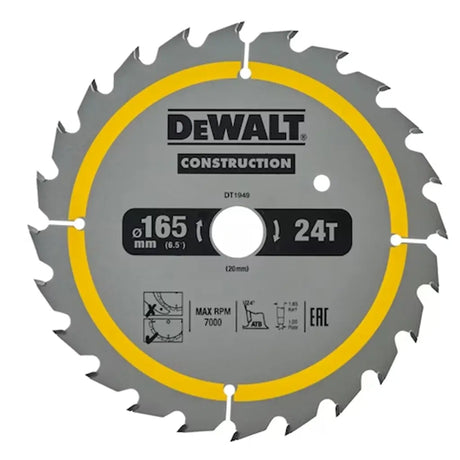 DeWalt Construction circular saw blade, model DT1949, with a gray body, yellow accent ring, and black text details, shown on a white background.