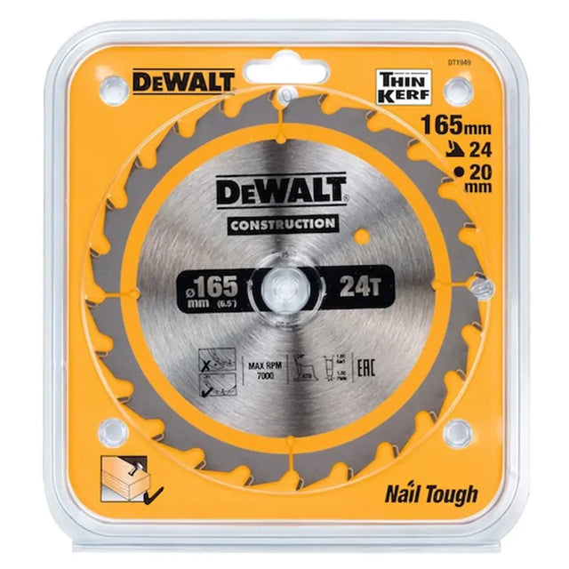 DeWalt 165mm 24T circular saw blade in its original retail packaging, featuring a silver steel blade with a bright orange accent ring and a clear plastic blister pack.